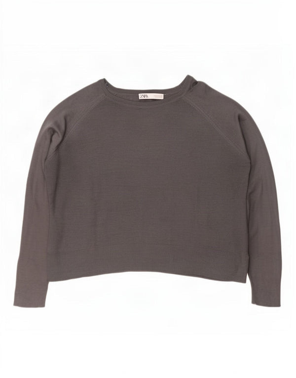 Zara Womens Crop Oversized Boat Neck Jumper Sweater UK 10 Small Grey