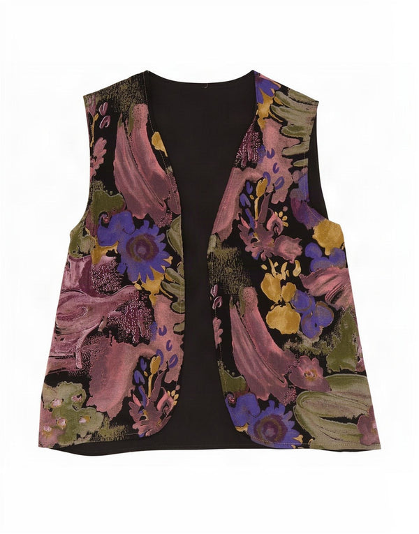 vintage Femmes OPEN Gilet UK 16 Grand Floral Multicolore