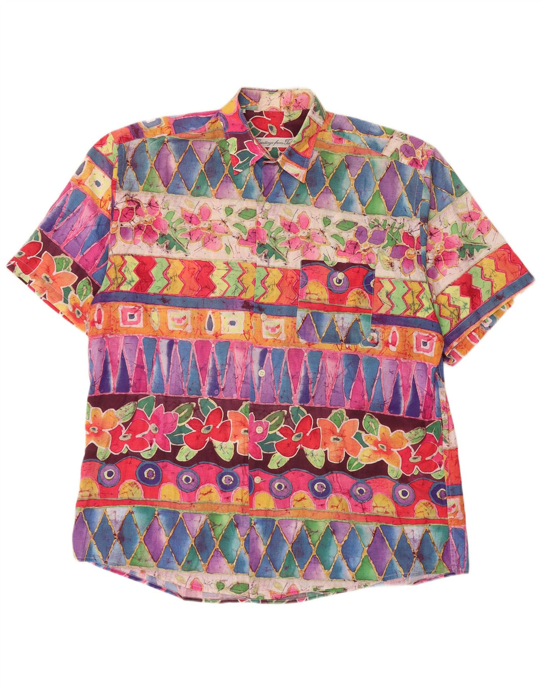 VINTAGE Chemise à manches courtes pour hommes Grand motif géométrique multicolore