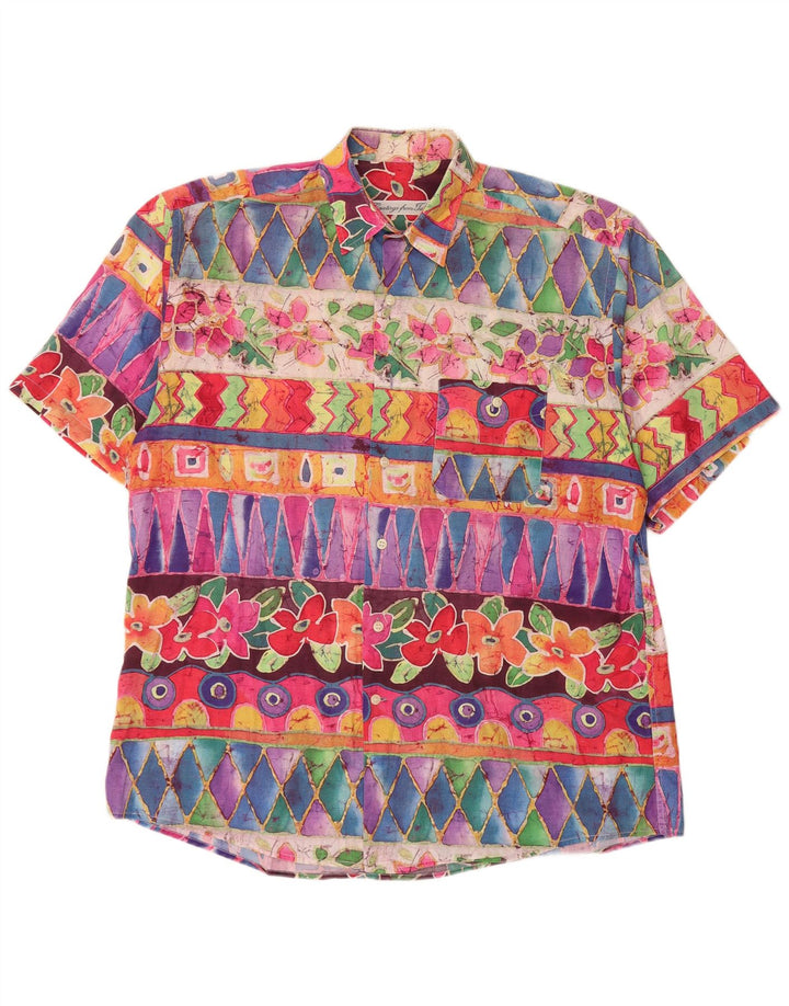 VINTAGE Chemise à manches courtes pour hommes Grand motif géométrique multicolore