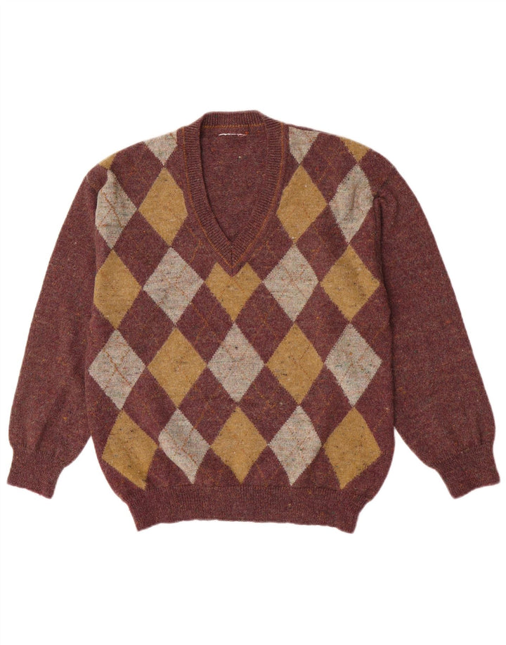 Pull vintage pour hommes à col en V Taille M Bordeaux Motif losange/Argyle