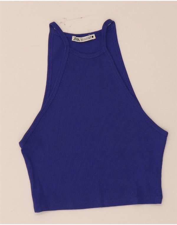 Zara Womens Crop Halter Top UK 8 Petit Bleu Coton