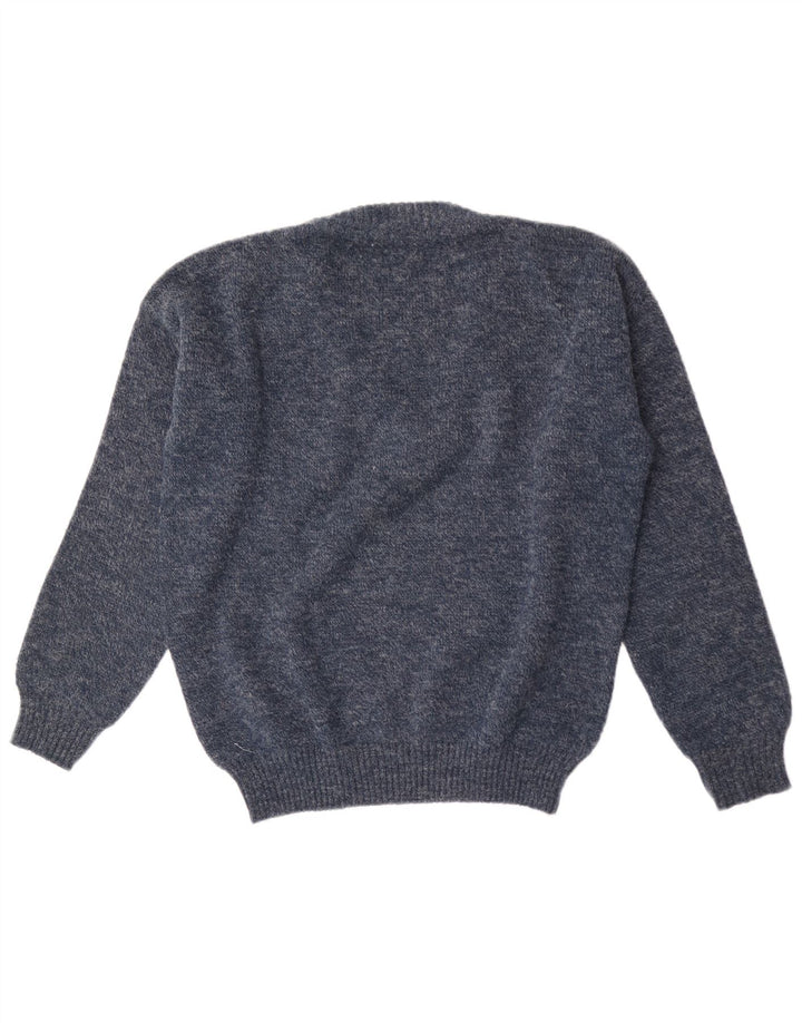 vintage Homme Col V Pull Pull Moyen Bleu Marine Géométrique