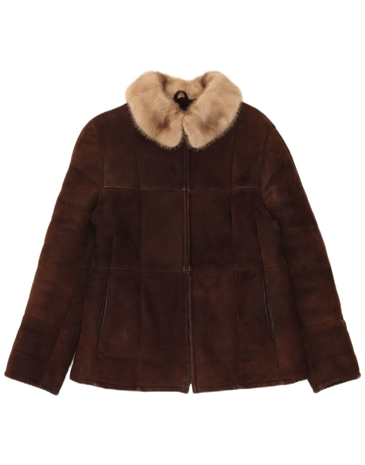 Veste Shearling Femme Vintage UK 14 Brun Moyen