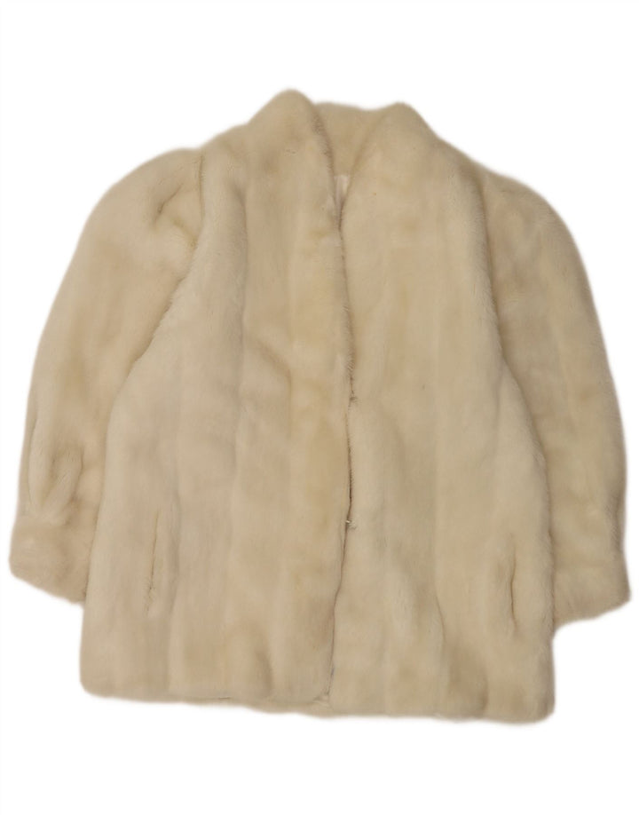 veste vintage femme fausse fourrure UK 12 microfibres blanches moyennes