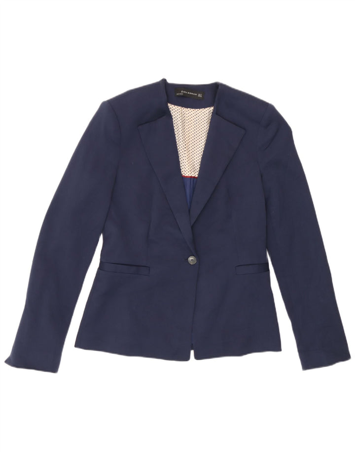 Zara Veste Blazer 1 Bouton Femme UK 12 Bleu Marine Moyen Coton