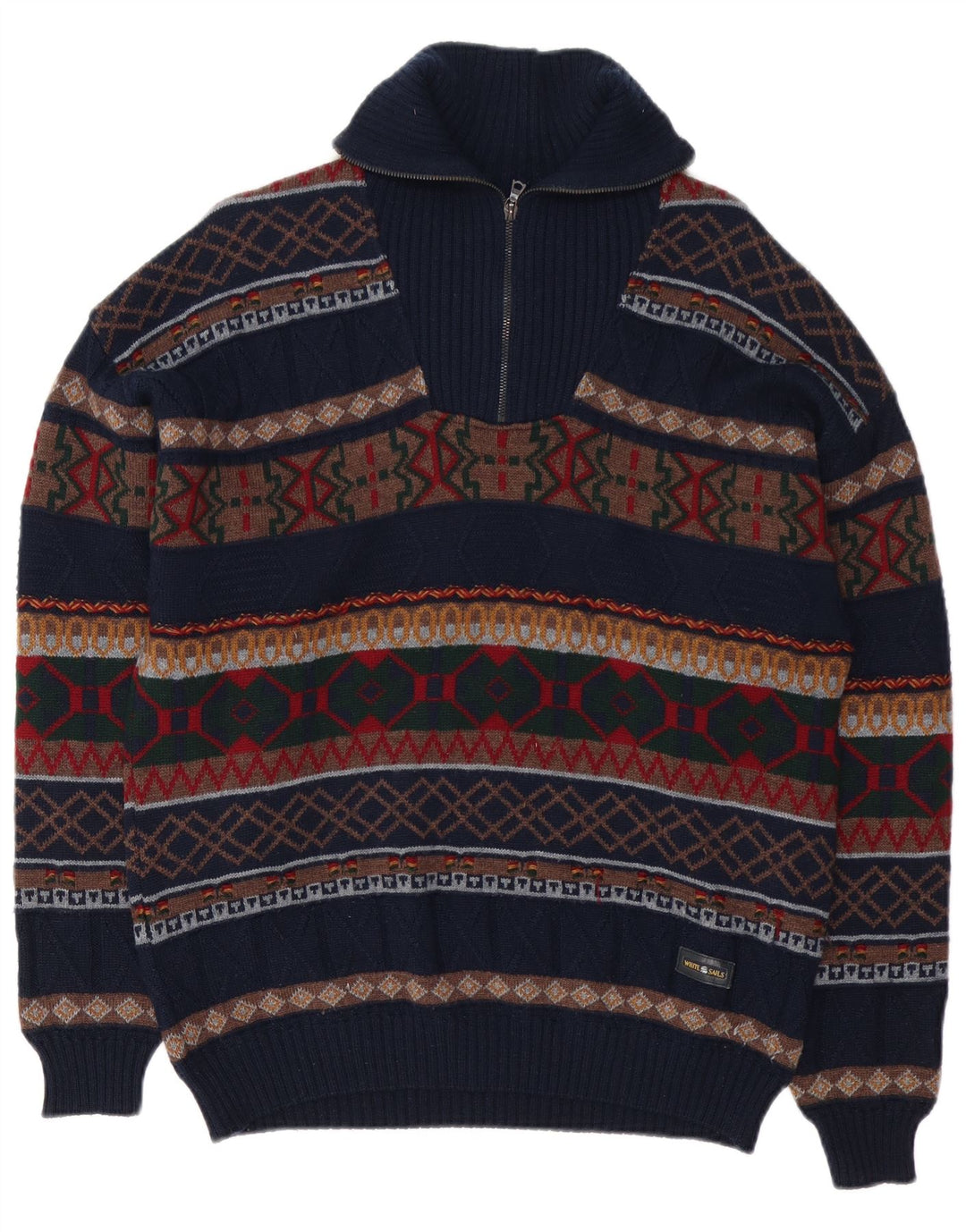 White Sails Pull à col zippé pour homme en laine Fair Isle bleu marine