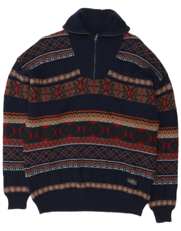 White Sails Pull à col zippé pour homme en laine Fair Isle bleu marine