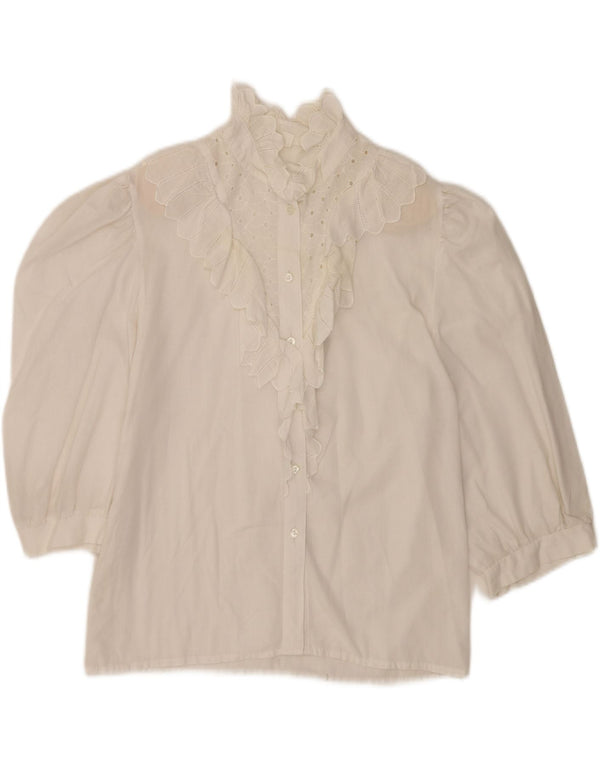 vintage Femmes 3/4 Manches Volants Chemise Chemisier UK 12 Moyen Blanc
