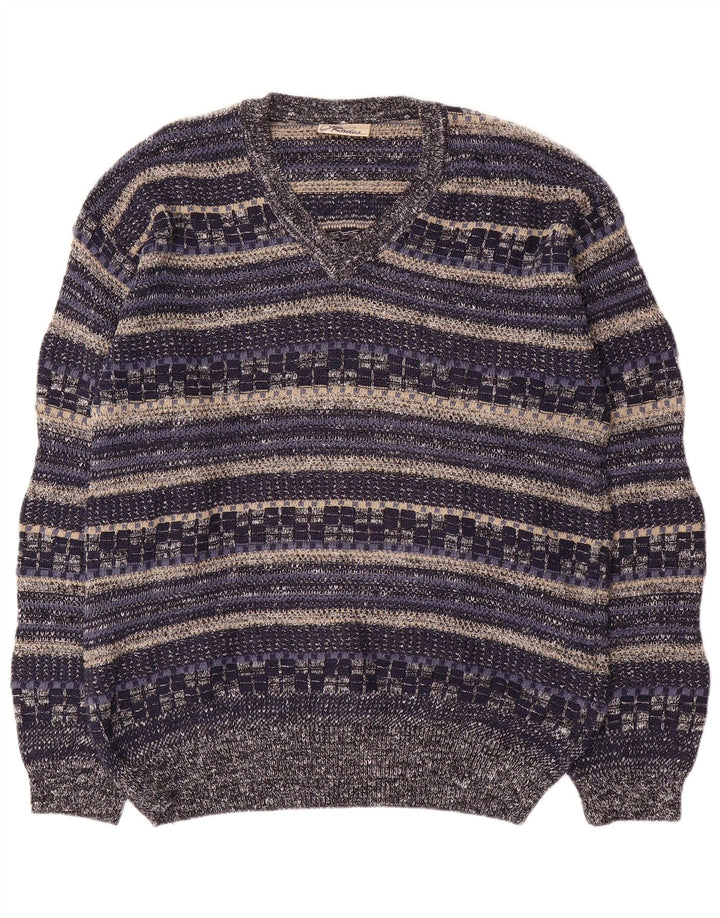 Rodes Pull Col V Homme Bleu Marine Rayé Coton Moyen