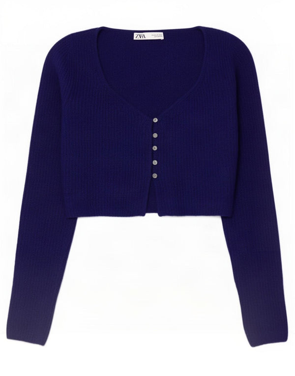 Zara Womens Crop Cardigan Sweater UK 12 Moyen Bleu Marine Acrylique