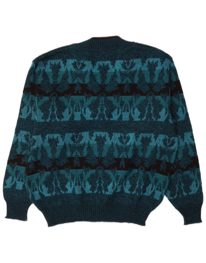 vintage Homme Col V Pull Pull IT 50 Bleu Moyen Fair Isle