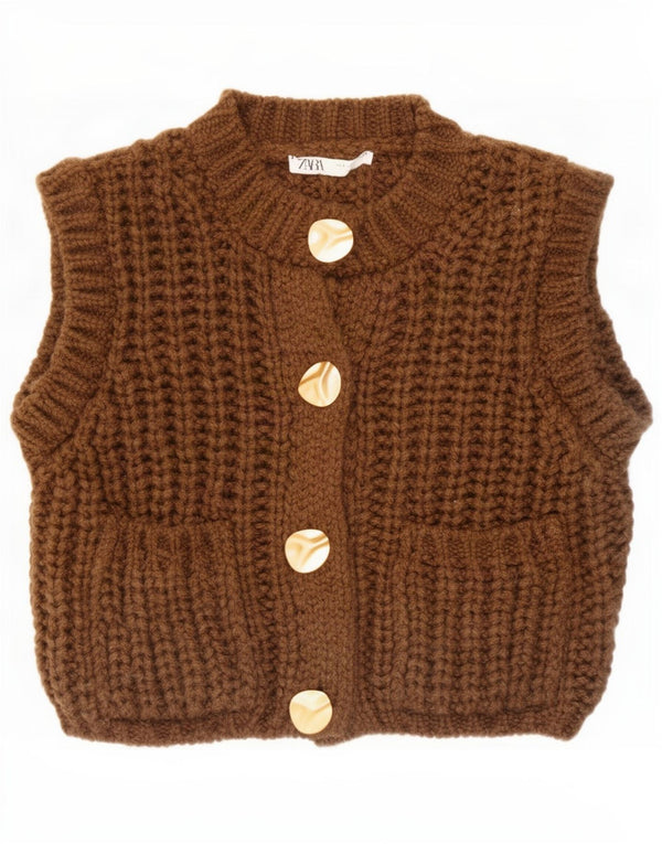 Zara Cardigan surdimensionné sans manches pour femme UK 10 Petit acrylique marron