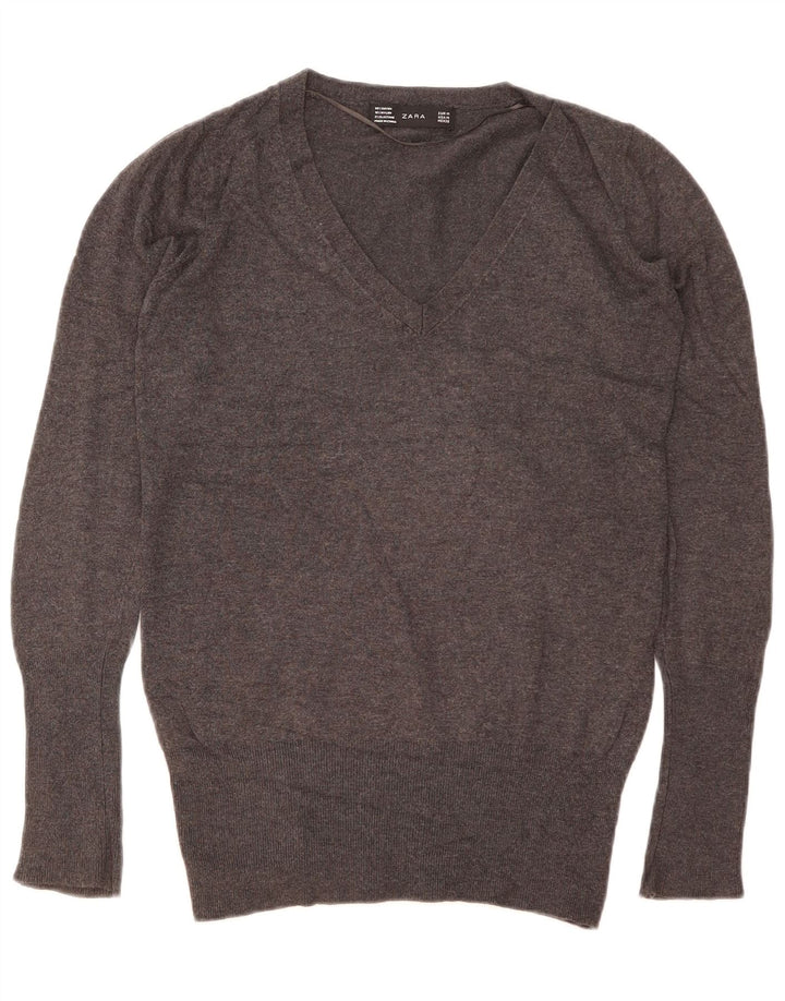 Zara Pull col V pour femme UK 12 Gris moyen