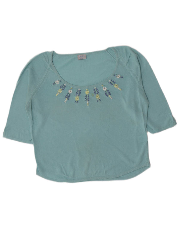 Oasis Womens Crop Top Manches 3/4 UK 16 Grand Bleu Floral Coton