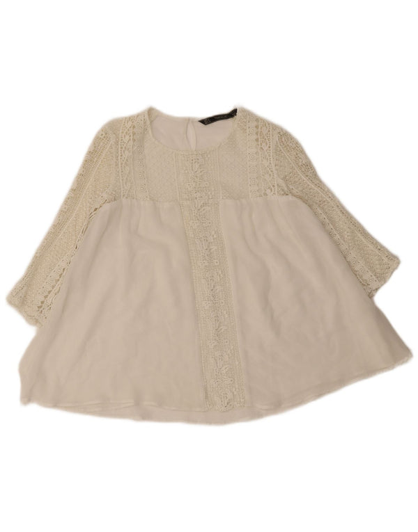 Zara Womens Trafaluc Blouse à manches 3/4 Top UK 10 Petit Floral Blanc