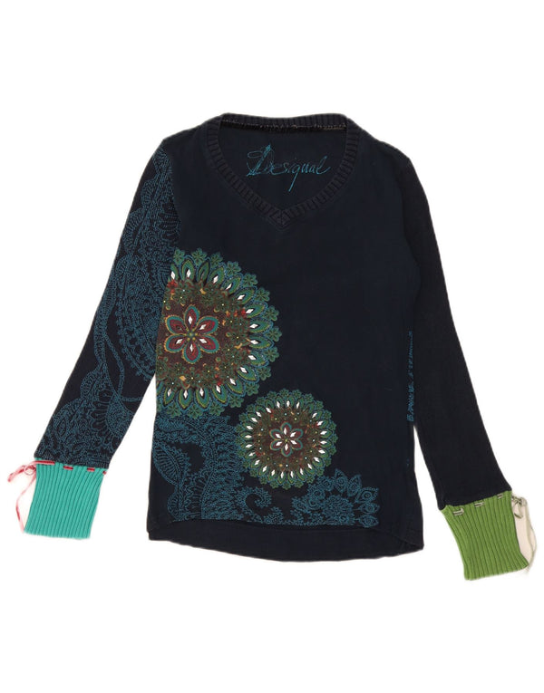 Desigual Pull col V pour femme UK 12 Bleu marine moyen en coton floral