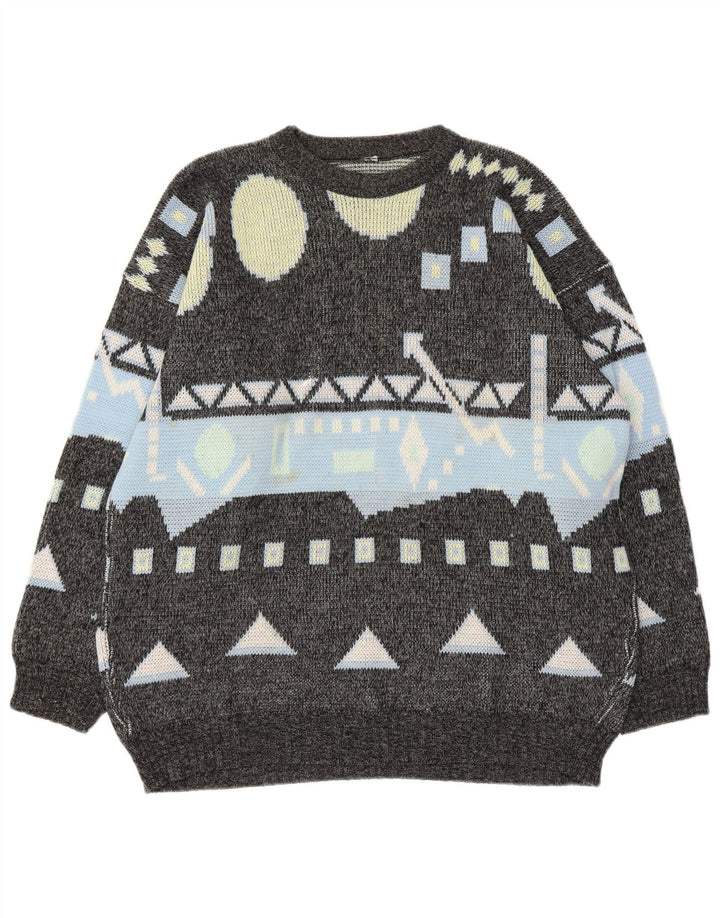 vintage Mens Crew Neck Jumper Pull Grand Gris Géométrique