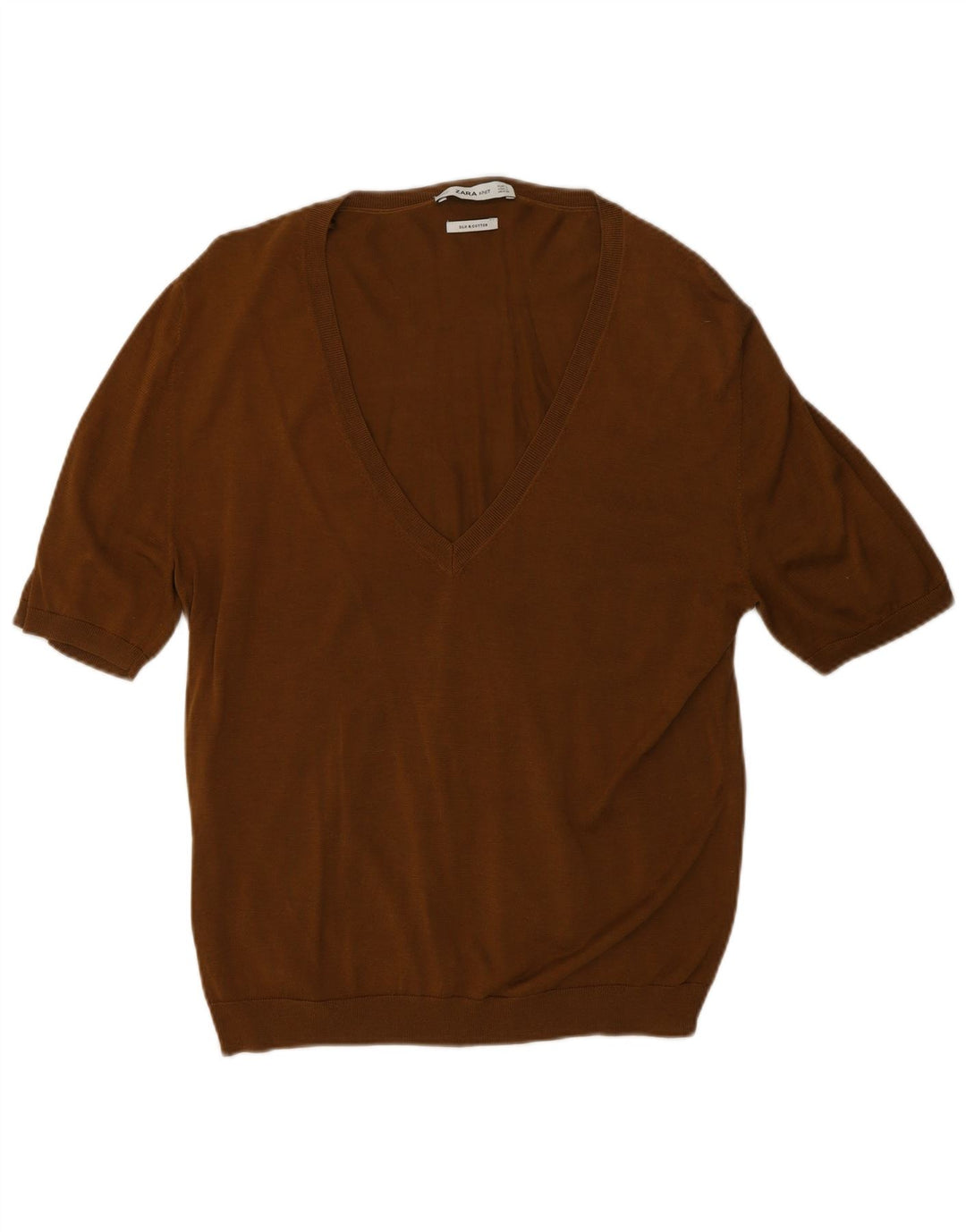 ZARA Pull à manches courtes et col en V pour femme UK 14 Grande soie marron