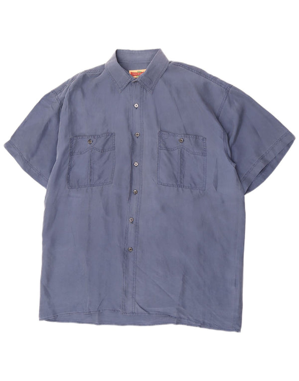 vintage Chemise à manches courtes pour hommes Grand classique en soie bleue