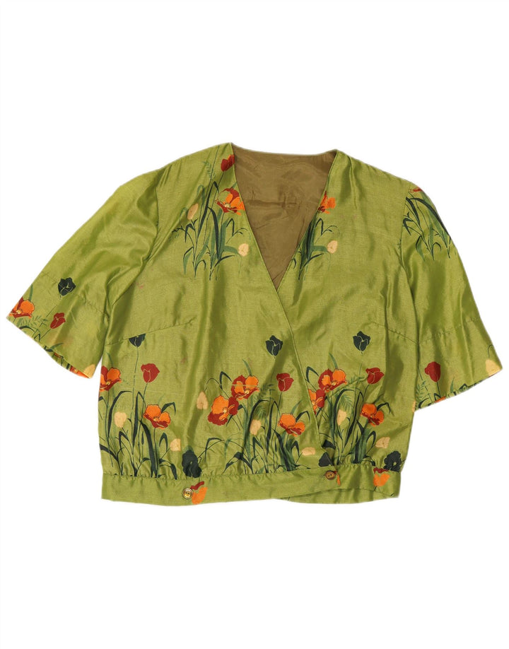 VINTAGE Femme Chemise à manches courtes Blouse UK 16 Grand Vert Floral