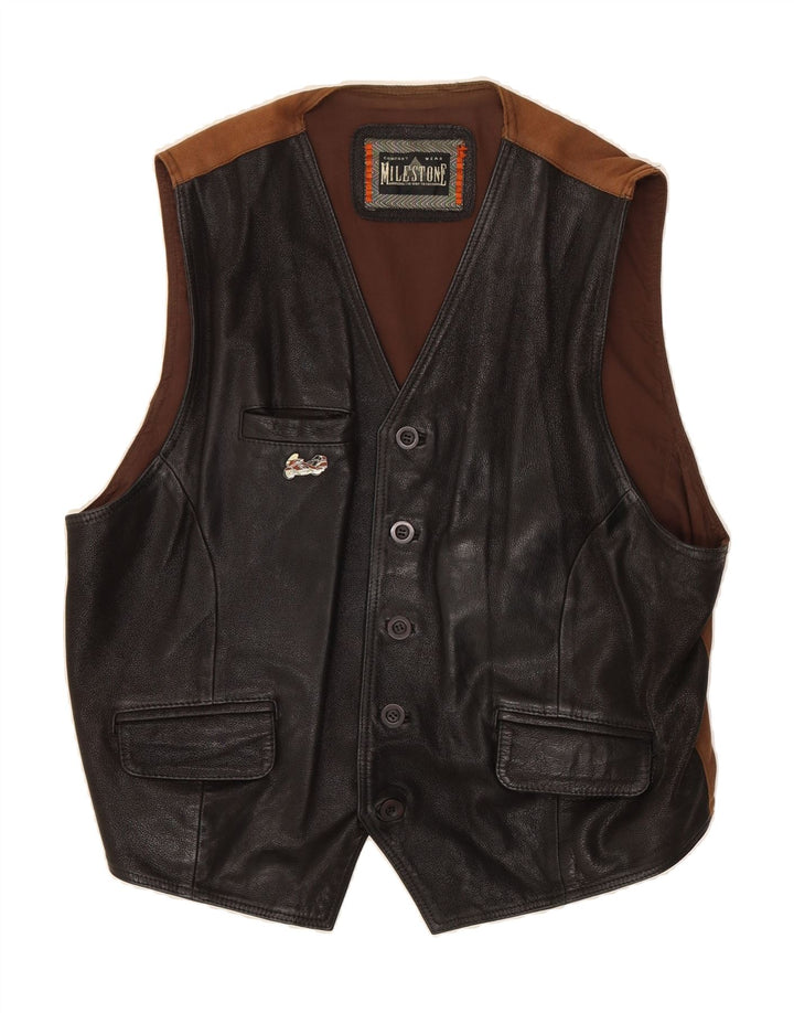 MILESTONE Mens Leather Waistcoat Medium Black Vintage Milestone and Second-Hand Milestone from Messina Hembry 