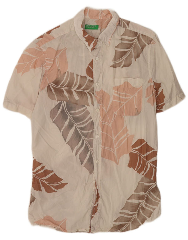 Benetton Chemise à Manches Courtes Homme Blanc Moyen Coton Floral