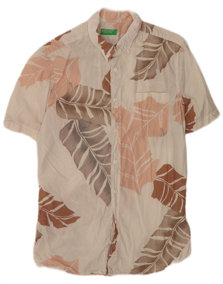 Benetton Chemise à Manches Courtes Homme Blanc Moyen Coton Floral