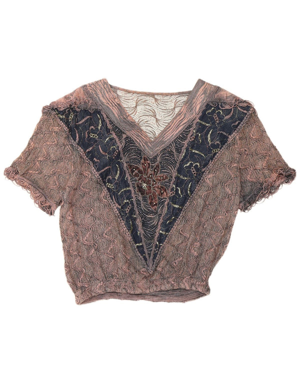vintage Femme Blouse Top UK 16 Grande Viscose Florale Rose