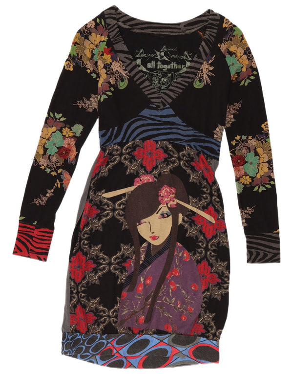 Desigual Robe fourreau à manches longues pour femme UK 10 Petit coton floral noir