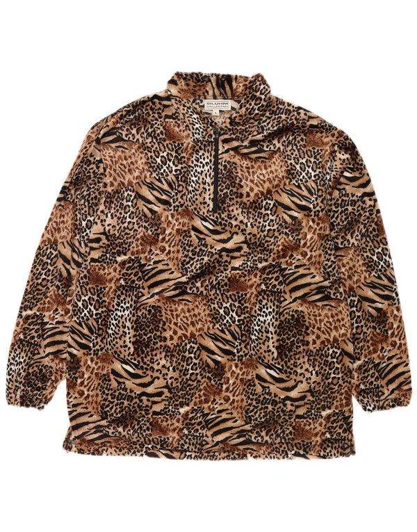 vintage Mens Polo Neck Fleece Jumper Grand Marron Animal Print Polyester