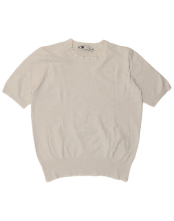 Zara Womens Crop T-Shirt Top UK 14 Large Viscose Blanche
