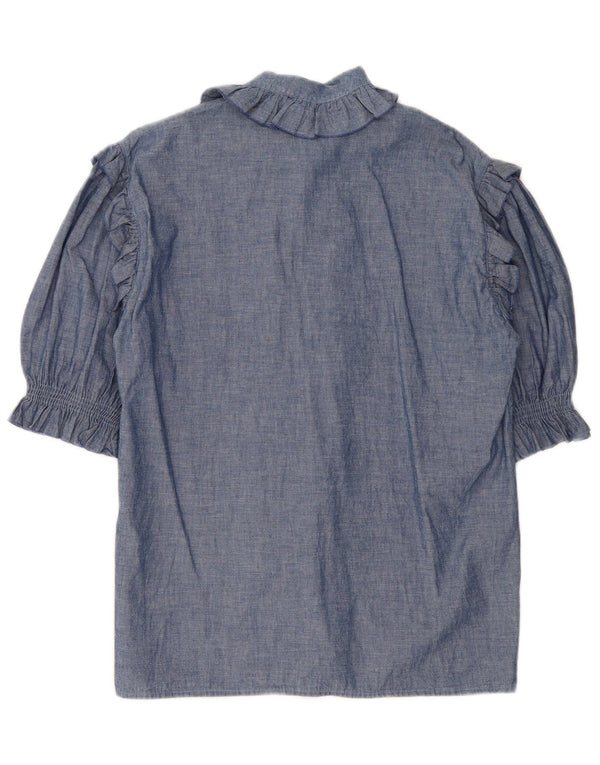 vintage Femmes Ruffle Front 3/4 Manches Chemise Blouse UK 14 Bleu Moyen