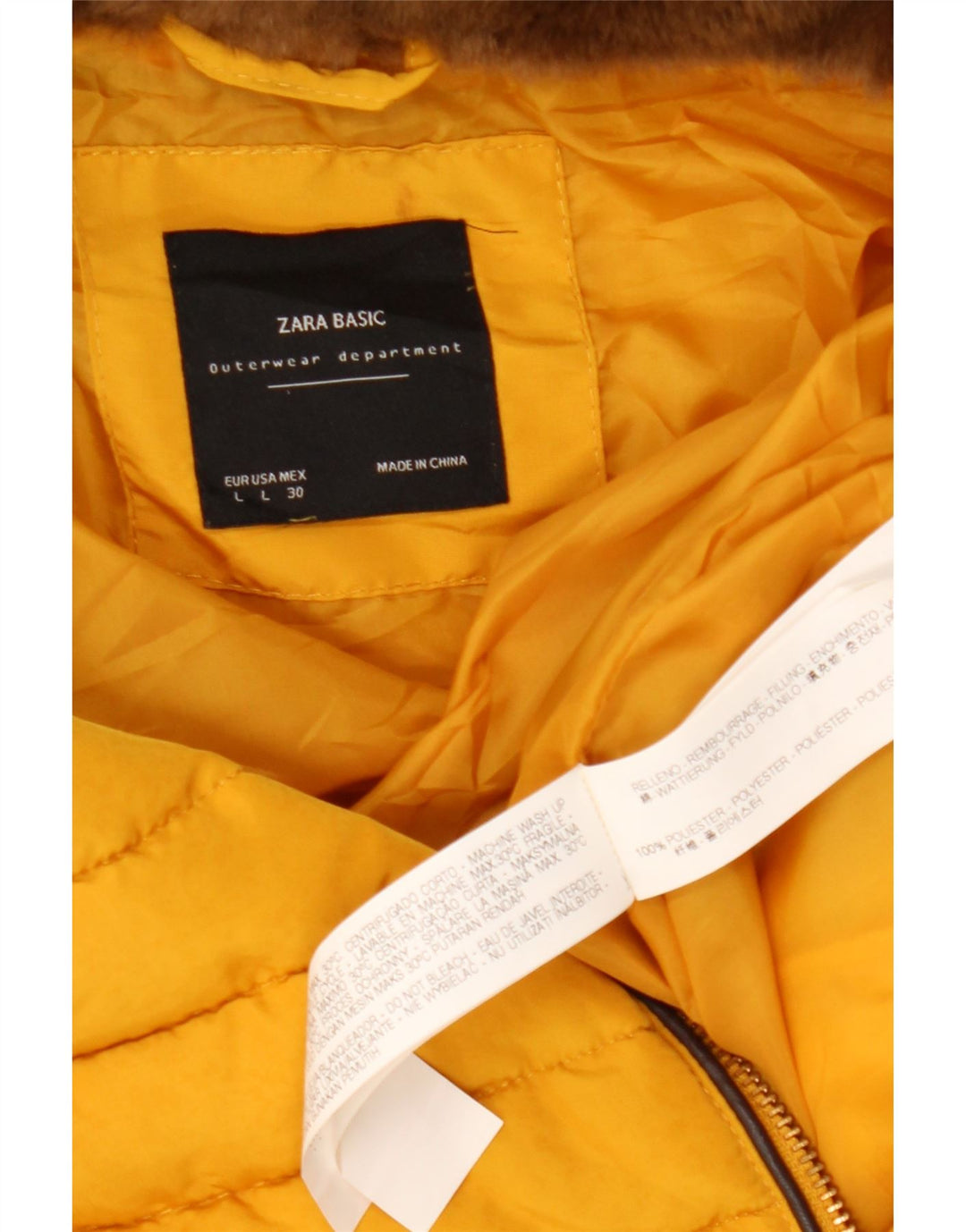 Zara Veste matelassée à capuche pour femme UK 14 Large Jaune Polyester