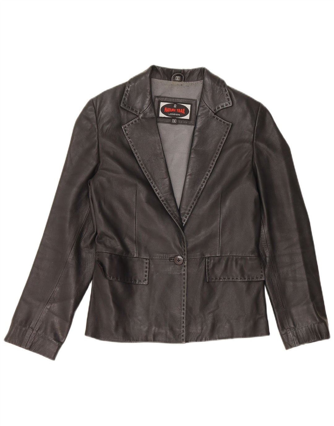 vintage Femmes 1 Bouton Veste Blazer En Cuir UK 12 Cuir Noir Moyen