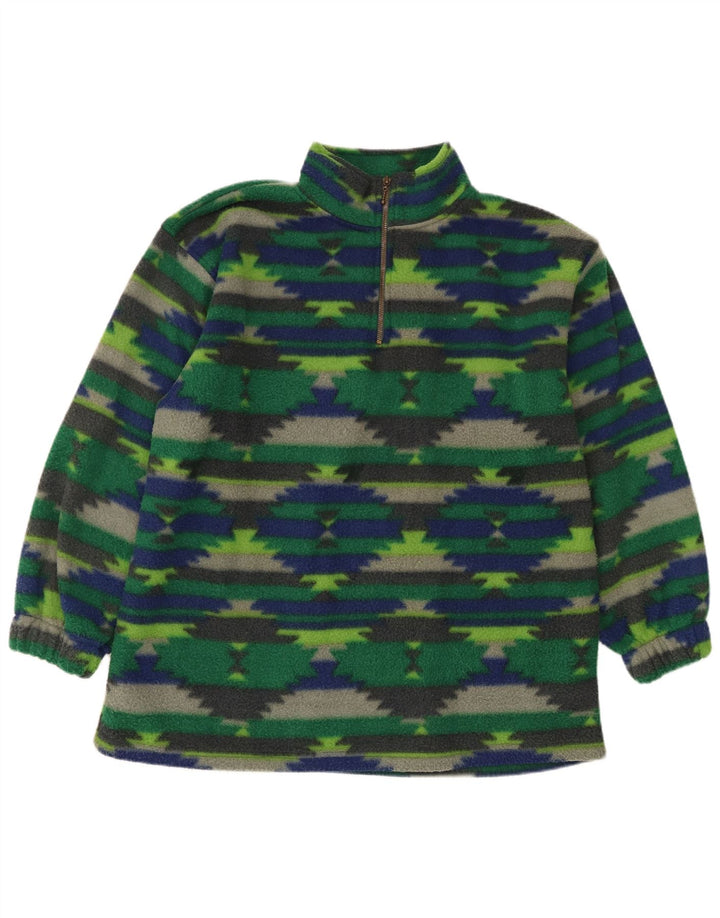 vintage Mens Zip Neck Fleece Jumper Grand Vert Géométrique Polyester