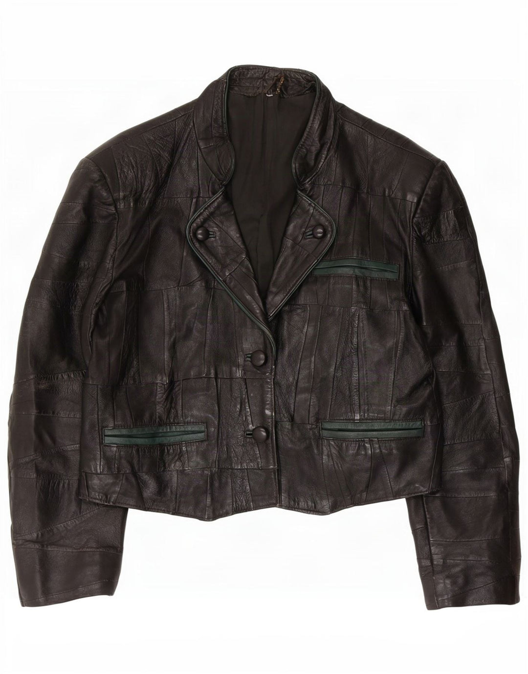 vintage Femmes 2 Bouton Veste Blazer En Cuir UK 10 Petit Noir
