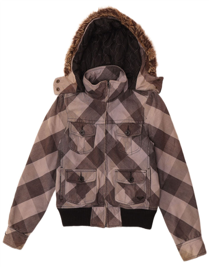 Roxy Veste bomber à capuche pour femme UK 10 Petit gris à carreaux en coton