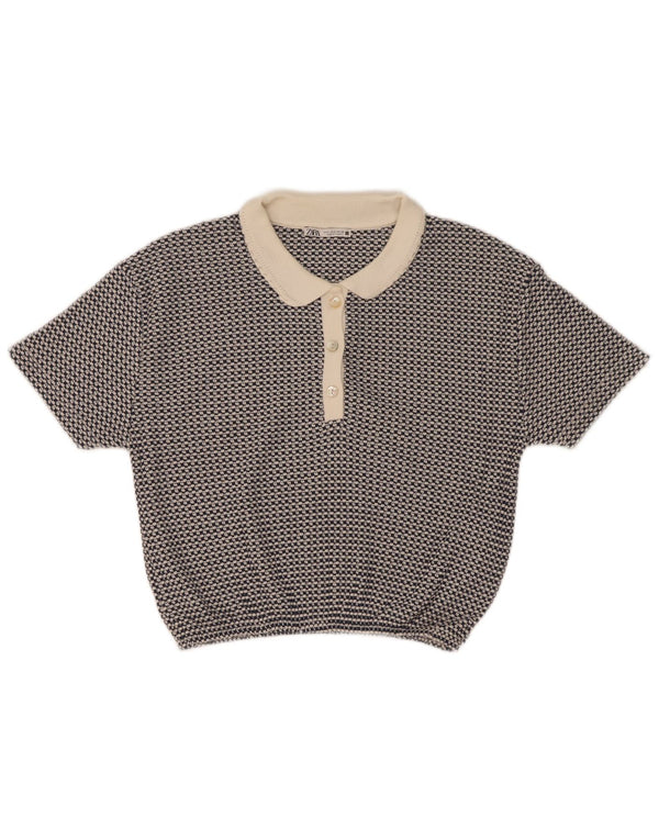 Zara Womens Crop Polo UK 10 Small Bleu Géométrique Polyester