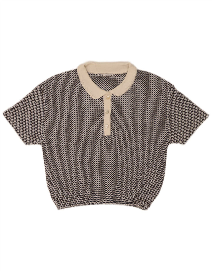 Zara Womens Crop Polo UK 10 Small Bleu Géométrique Polyester