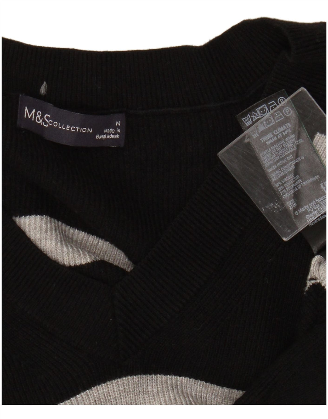 Marks & Spencer Pull col en V pour femme UK 14 Medium Noir Rayé