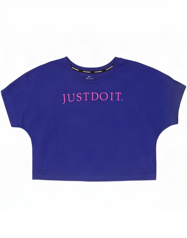 Nike Womens Dri Fit Crop Graphic T-Shirt Top UK 16 Large Blue Polyester