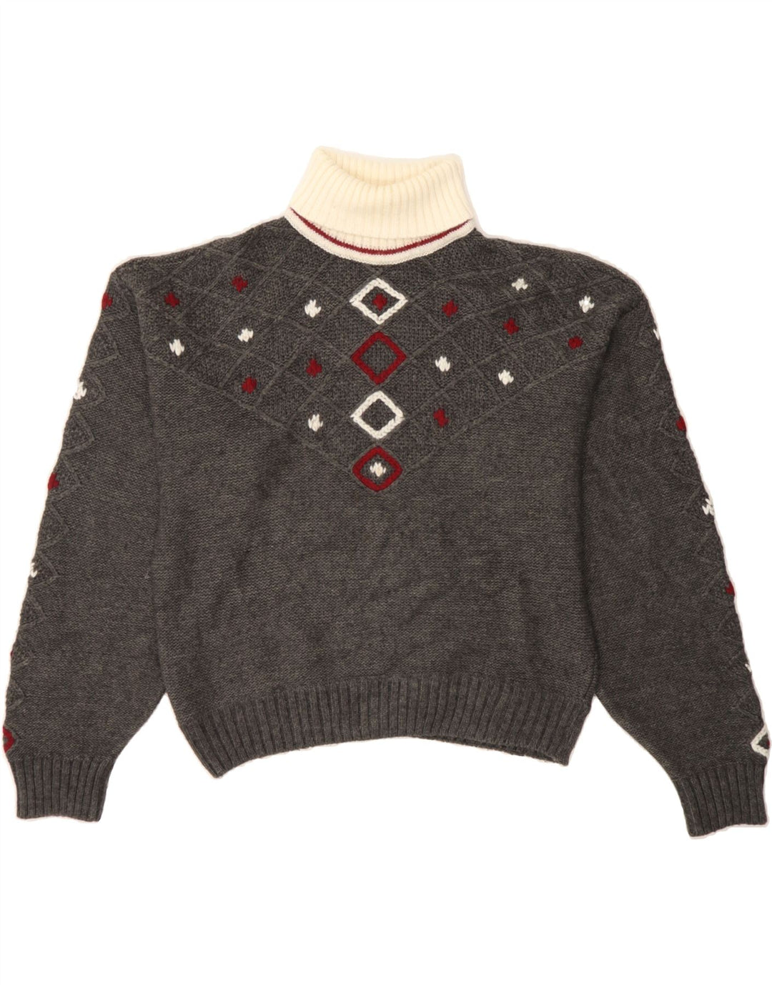 VINTAGE Womens Roll Neck Jumper Sweater UK 14 Large Grey Argyle/Diamond Vintage Vintage and Second-Hand Vintage from Messina Hembry 