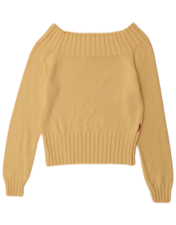 vintage Femmes Off Épaule Pull UK 12 Coton Jaune Moyen