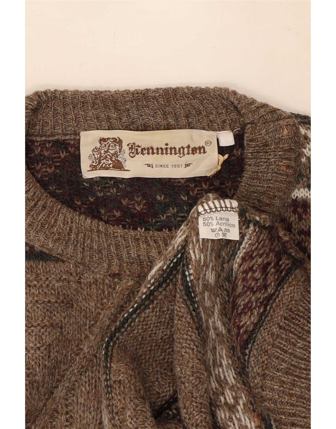 Kennington Pull à col rond pour homme en laine Fair Isle marron