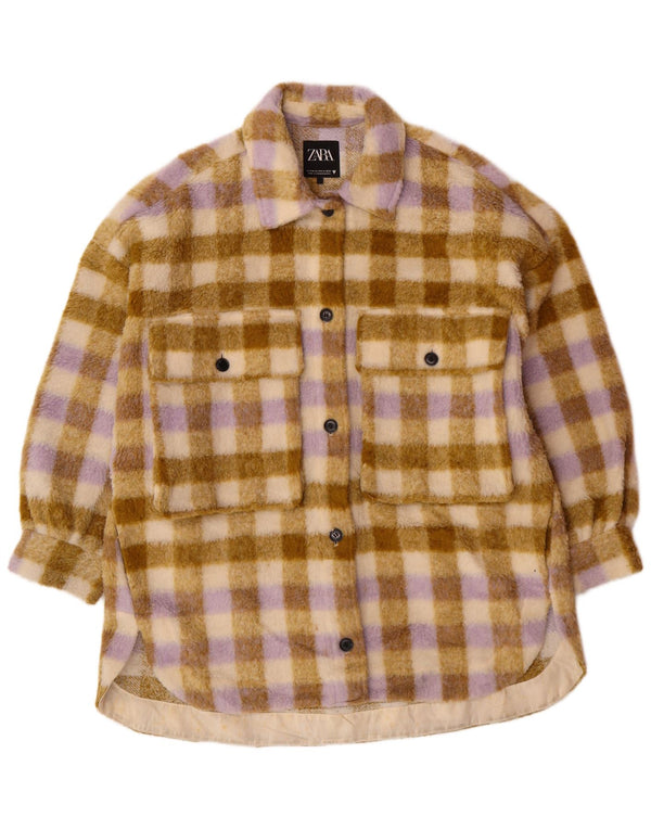 Zara Veste polaire surdimensionnée pour femme UK 10 Petit polyester à carreaux beige