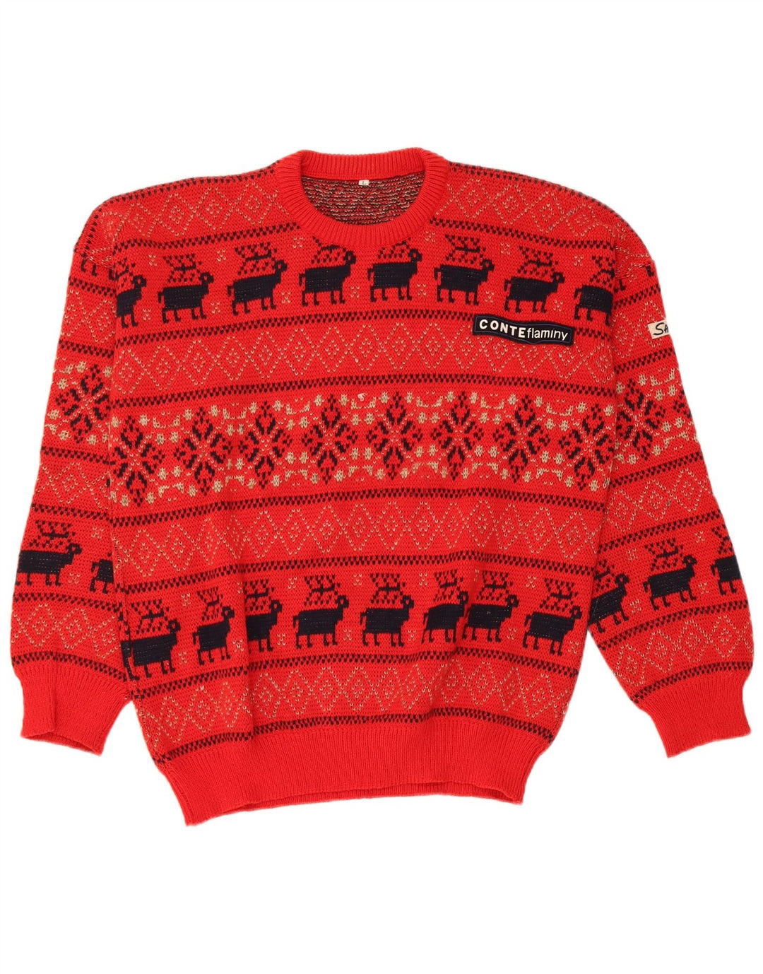 vintage Mens Crew Neck Jumper Pull Grande laine rouge Fair Isle