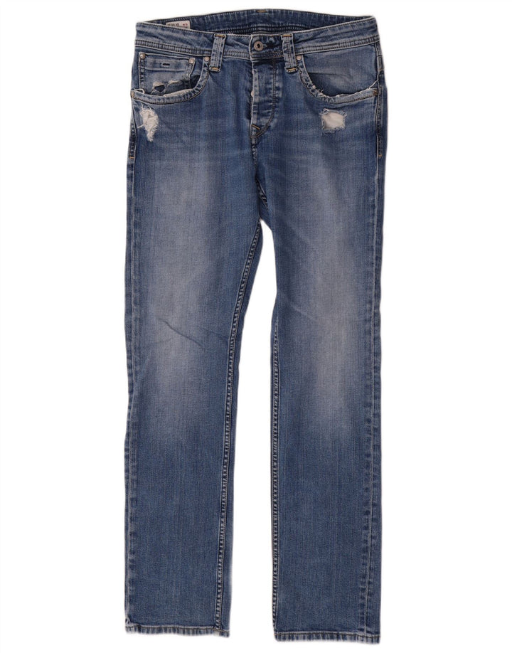 PEPE Jeans Jean droit régulier en détresse pour hommes W32 L32 bleu coton