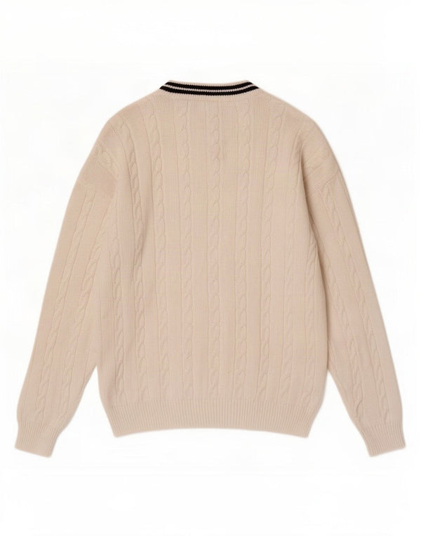 vintage Mens V-Col Jumper Pull Grand Coton Blanc