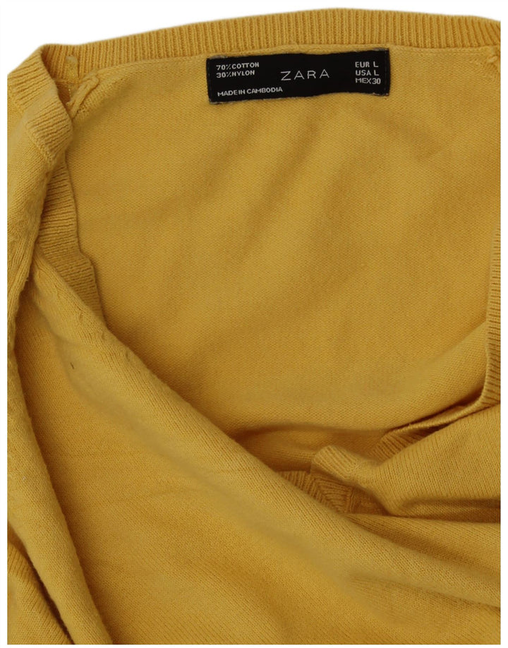 ZARA Pull col en V pour femme UK 14 Large Jaune Coton